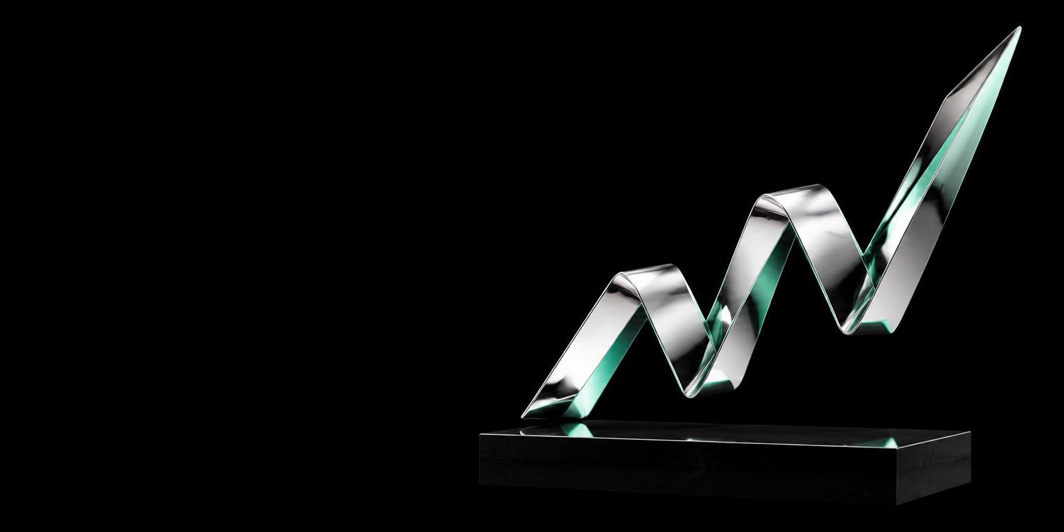 Polished metal sculpture forming a rising signal
